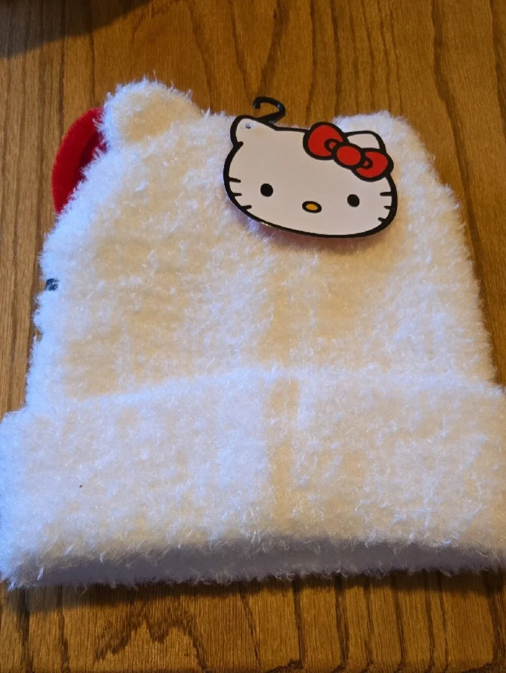 Hello Kitty White Fuzzy Kids Beanie with Red Bow Accent